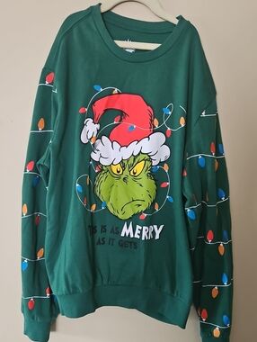 Green Grinch Holiday Crewneck Sweatshirt with Light String Print
